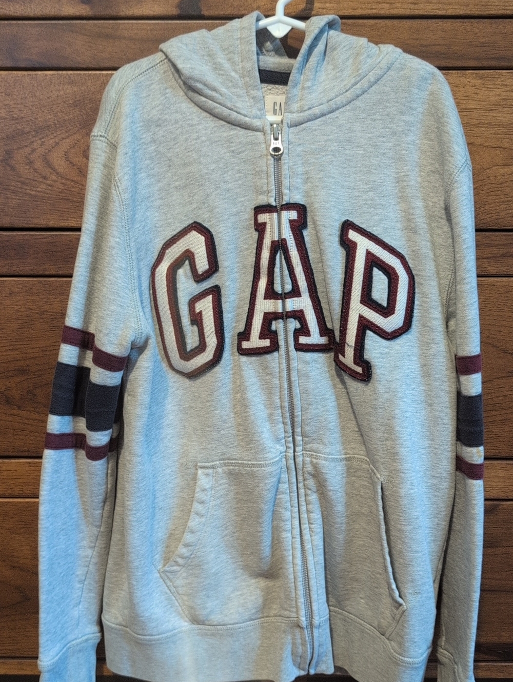 GAP Gray Zip-Up Hoodie with Maroon Lettering